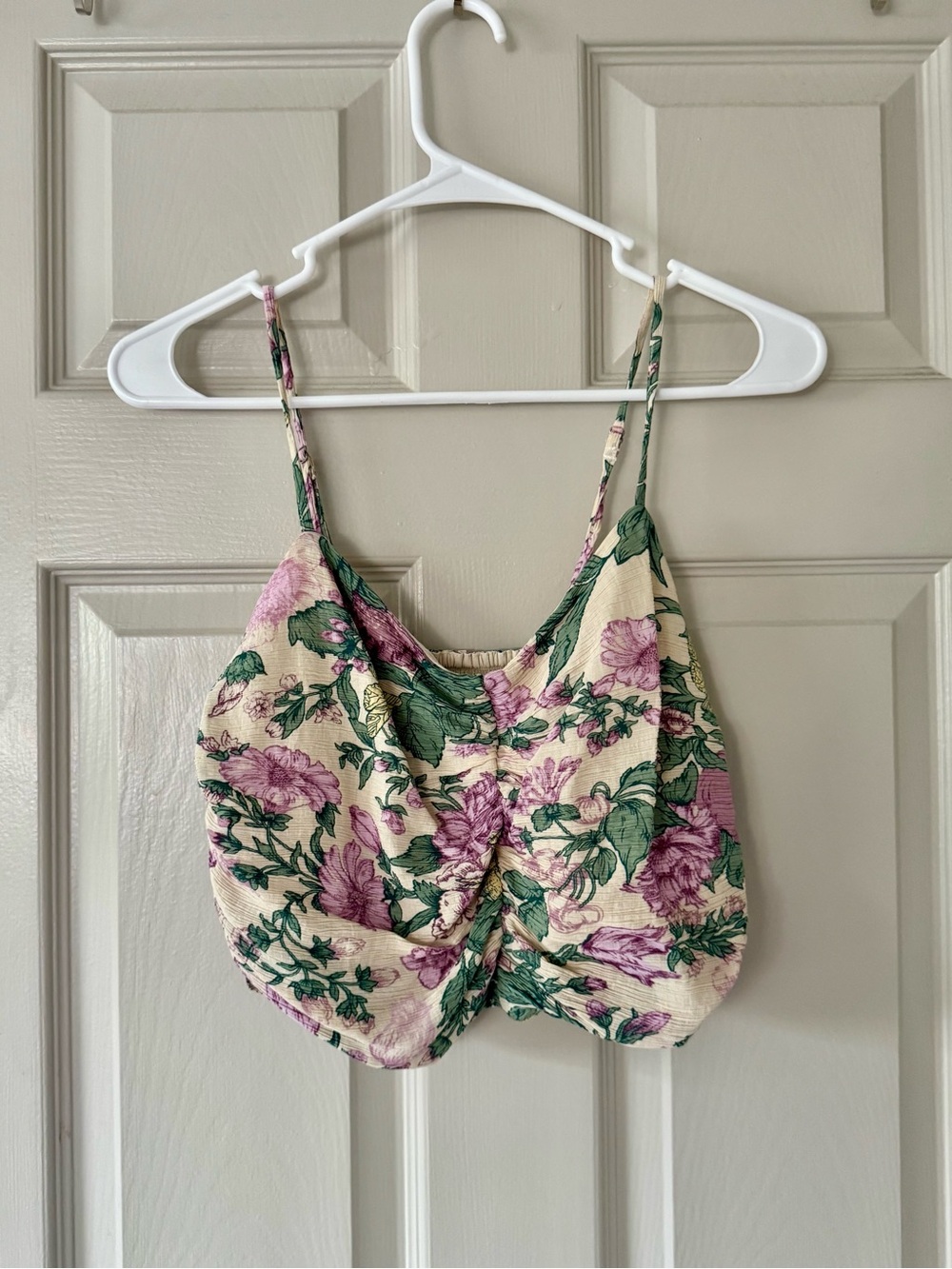 Abercrombie & Fitch Cream Floral Ruched Cami with Pink and Green Print